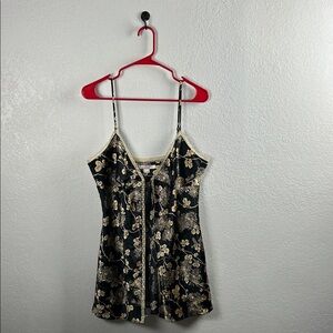 Victoria's Secret Women’s Black Cream Floral Camisole Front Tie Sz XL Lace Trim